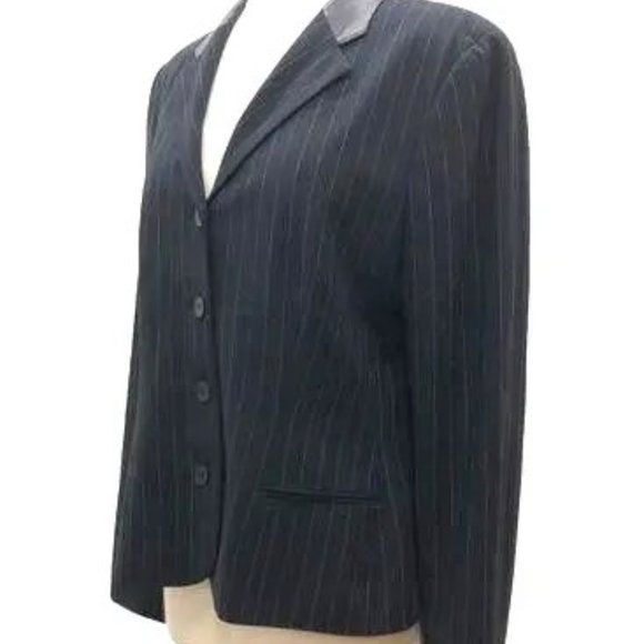 Ralph Lauren Black Pinstripe Wool Blazer Leather Collar Size 12 Made in U.S.A. - Picture 10 of 11